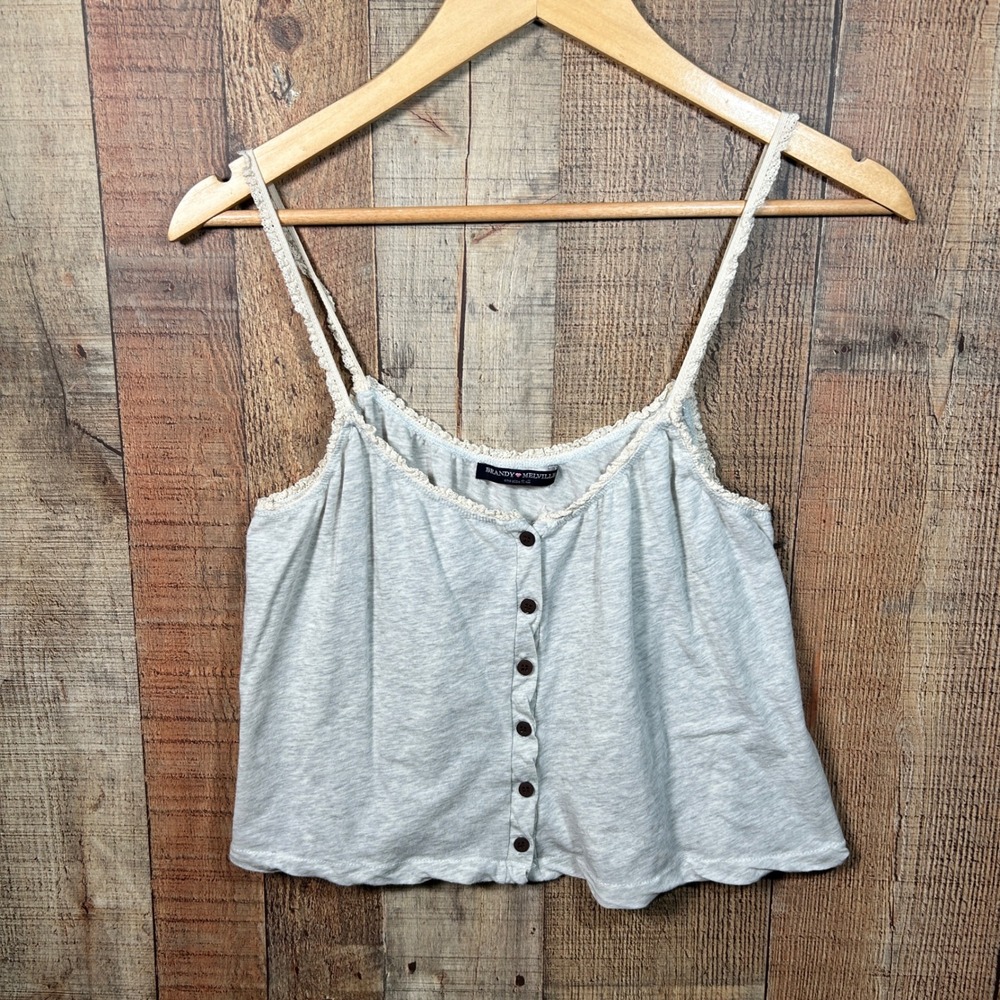Brandy Melville Heather Gray Lace Trim Button Front Cami Crop Tank Top One Size